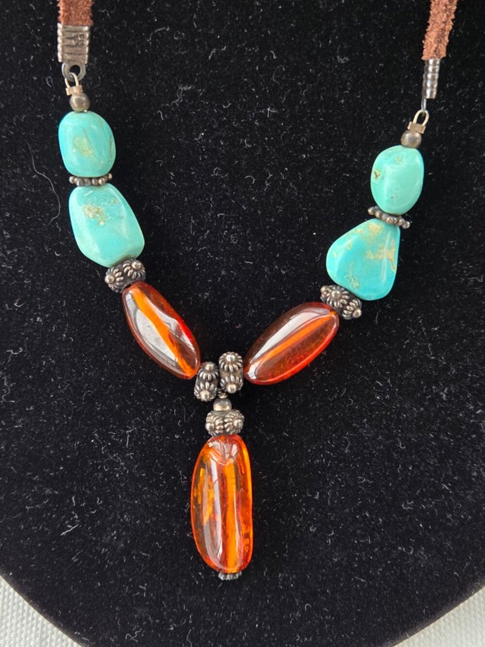Amber and Turquoise Beads on Suede leather necklace 925